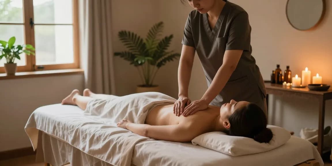 불당동 마사지 아로마 테라피 마사지 받는 모습과 평화로운 웰니스 센터 환경
