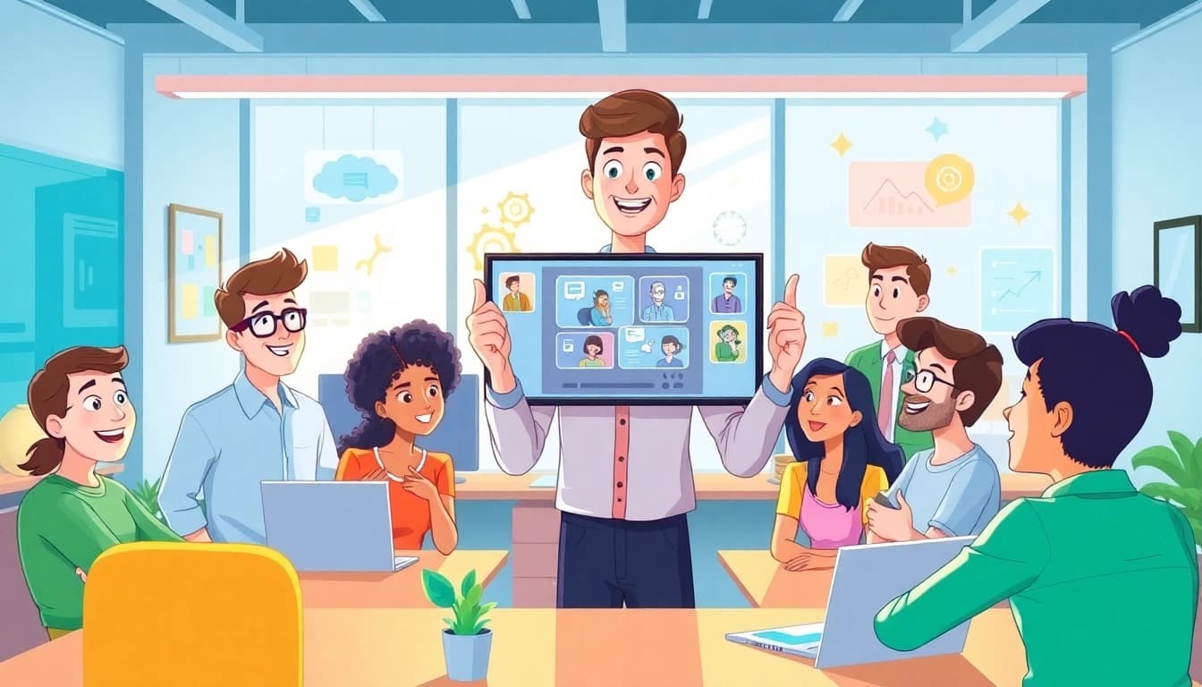 Erkläranimation zeigt kreative Charaktere in einem lebendigen Büro-Setting mit digitalen Bildschirmen.