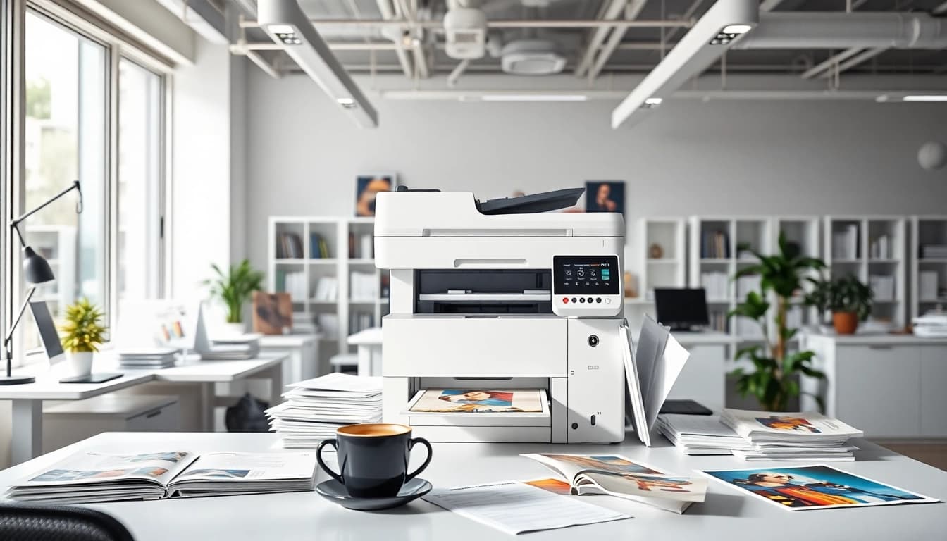 Showcasing printers edmonton alberta in a vibrant modern office setup with creative prints.