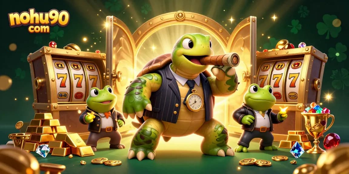 Nohu90 com showcases a lively casino scene with a snapping turtle and frog enforcers amid gold and jackpot excitement.