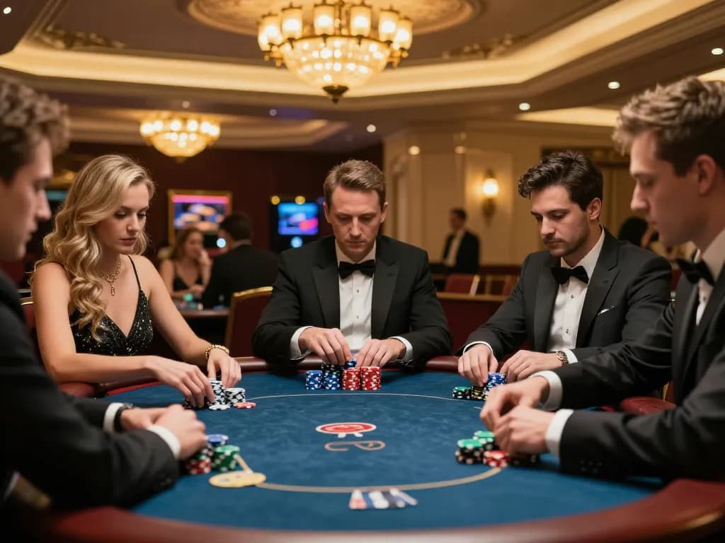 vipwin players strategize in a high-stakes poker game at a luxurious casino table