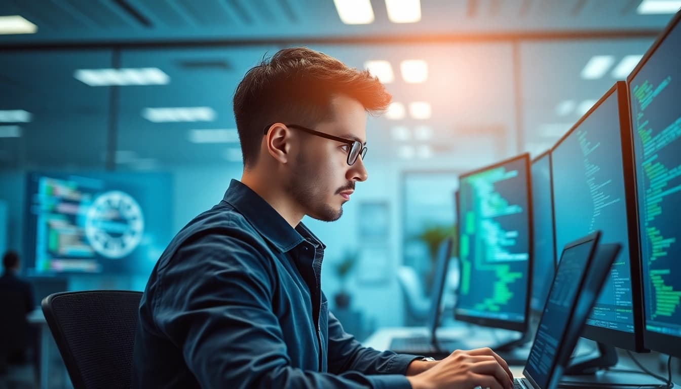 Engaging in T Automation & Scripting with modern technology in a high-tech office environment.