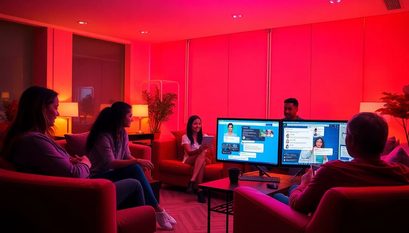 Engaging scene of diverse individuals in a warm porn chat room, emphasizing intimacy and connection.