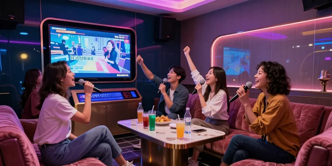 강남가라오케에서 노래하는 즐거운 친구들, 현대적인 인테리어와 화려한 조명이 돋보이는 프리미엄 공간