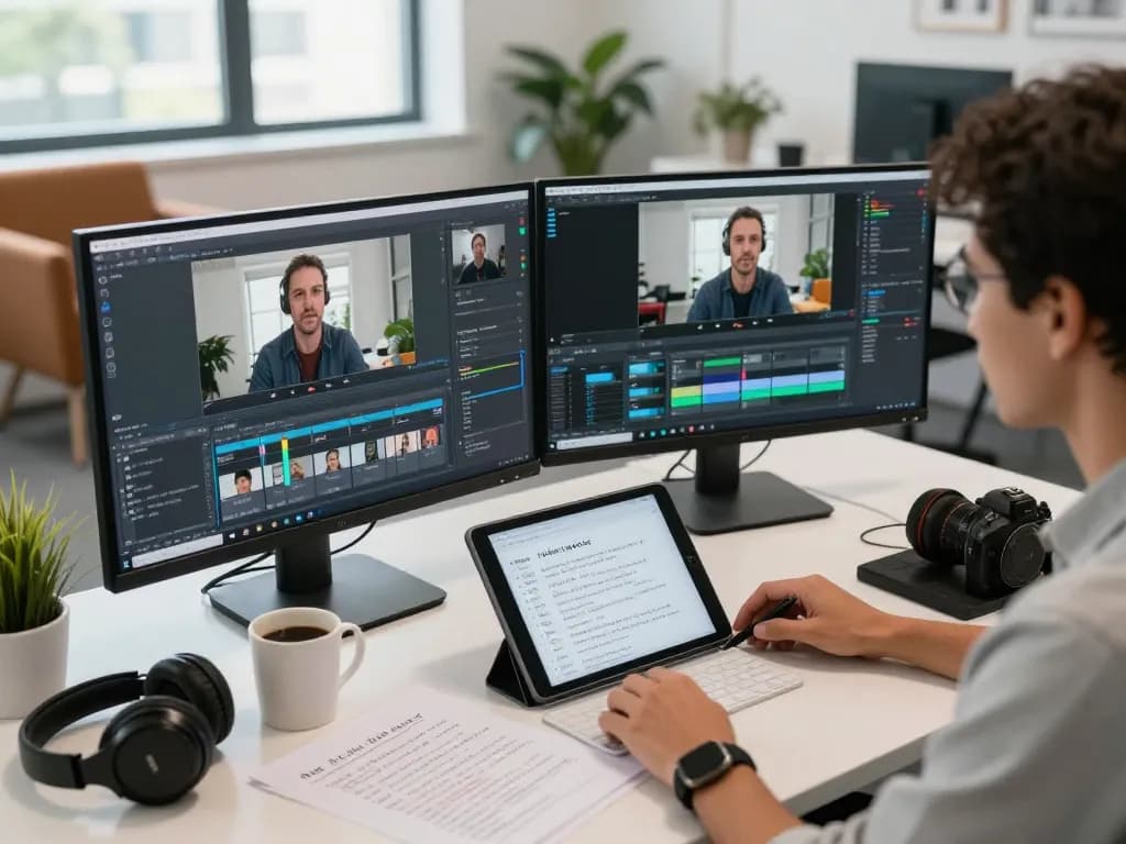 Professional analyzing video to prompt technology in a bright office setting.