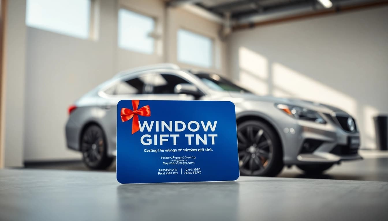 Gift card for window tint services featuring sleek design and elegant car backdrop.
