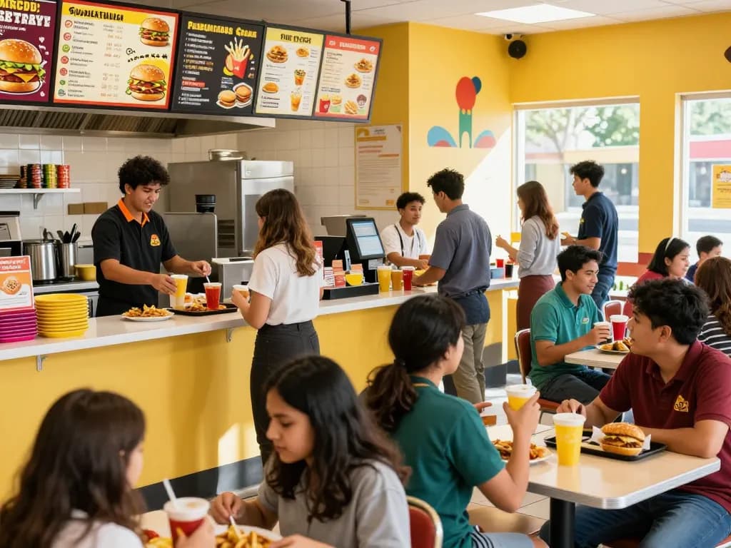 Fast food menu displayed at a lively restaurant with families enjoying meals.