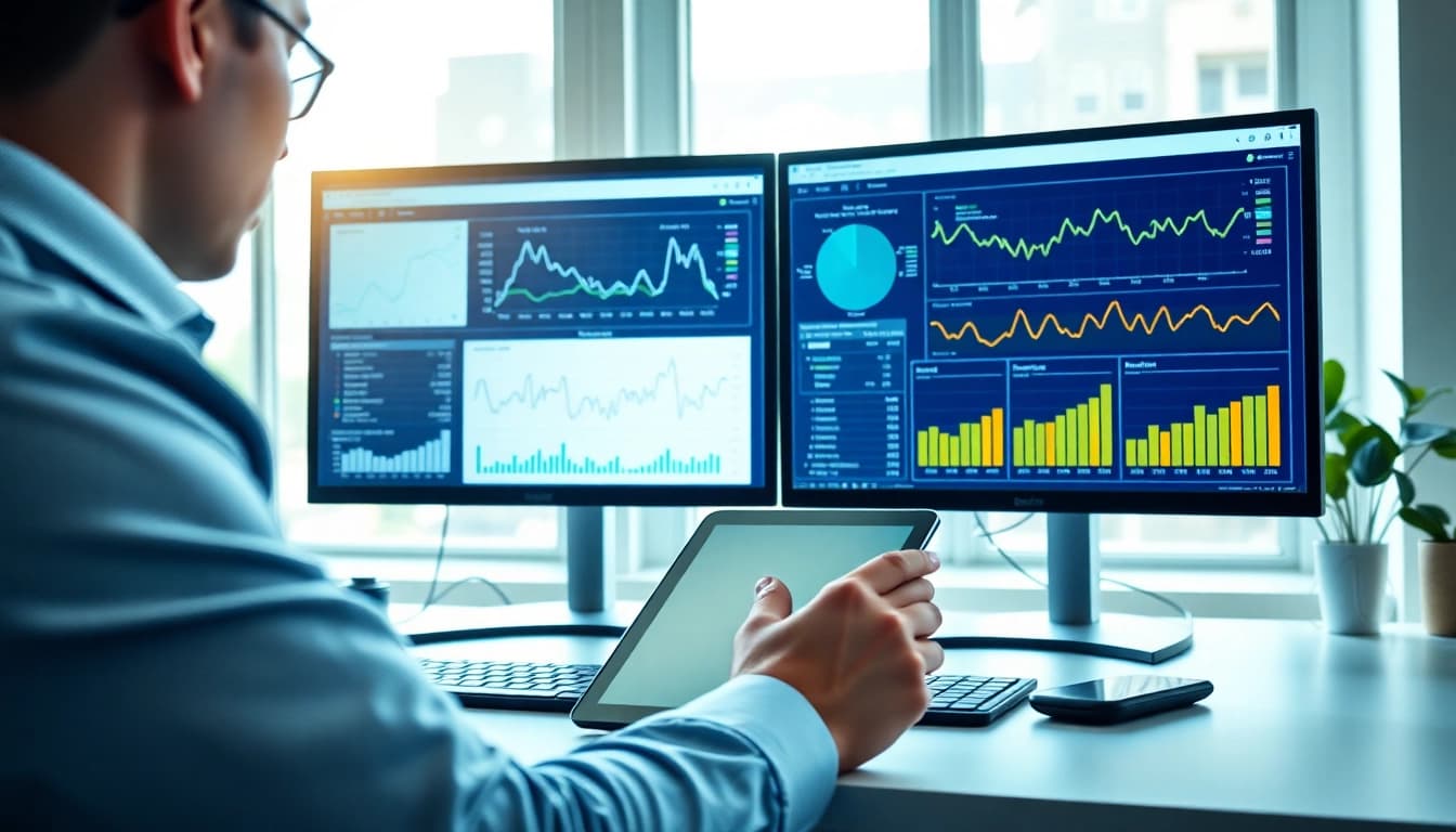 Analyze data with the SEO Rank Tracker on dual monitors in a bright workspace.