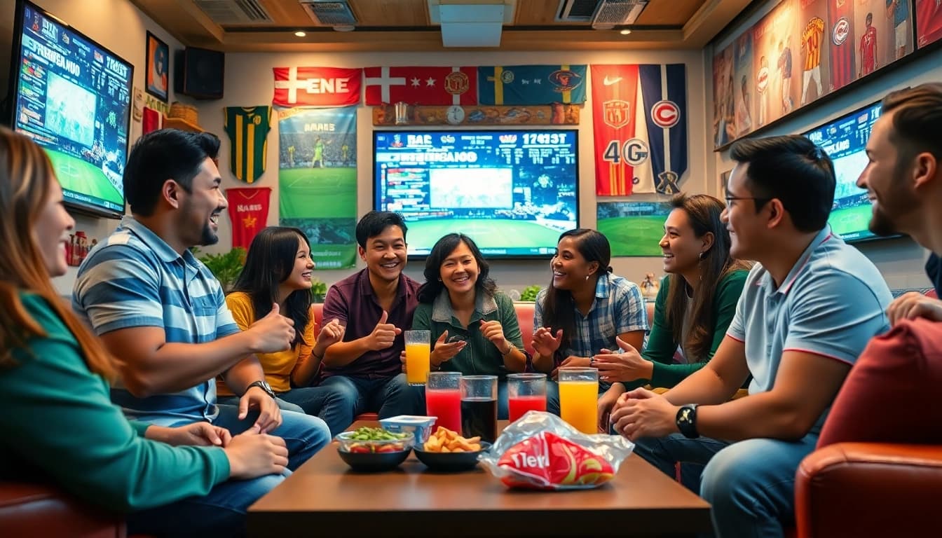 Excited fans enjoying high-quality sports broadcasts at 토토스토리 community event.