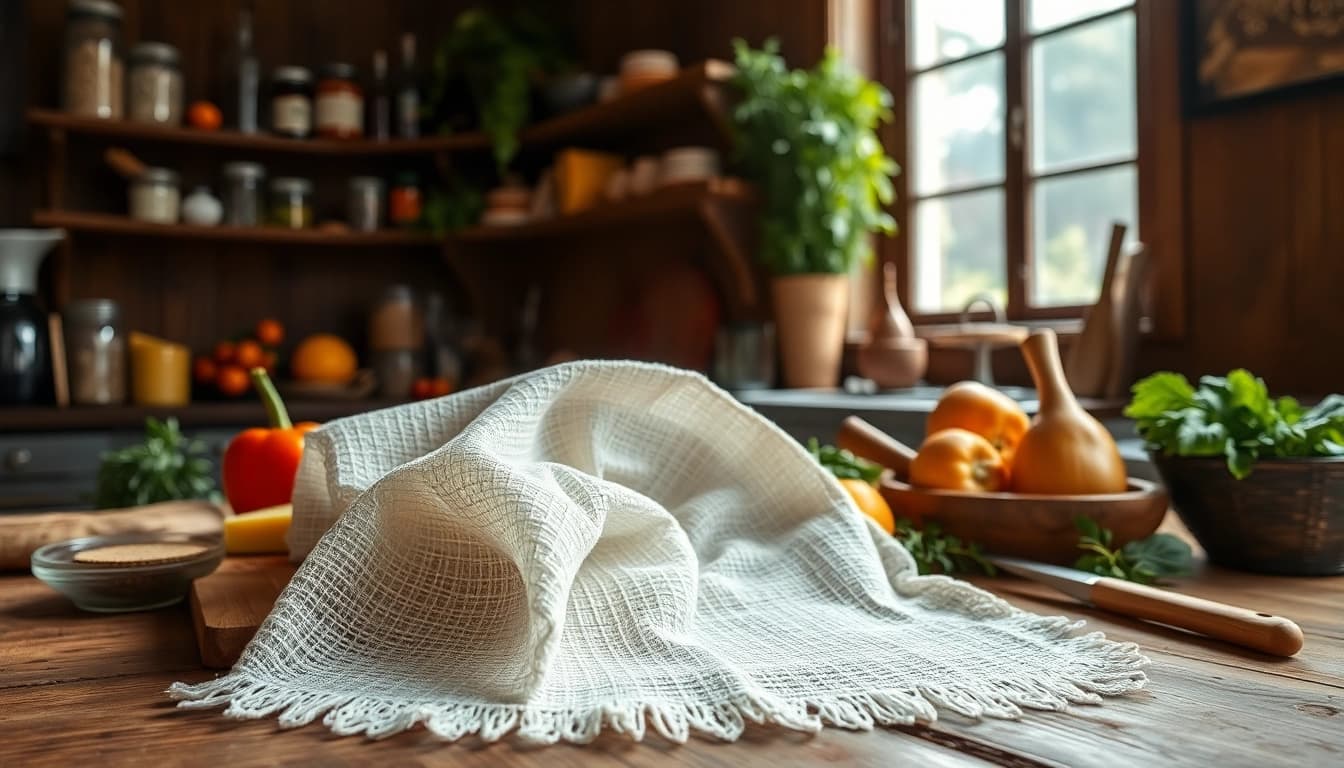 Kaasdoek gebruikt voor het tonen van ambachtelijke kazen en groente in een rustieke keuken.