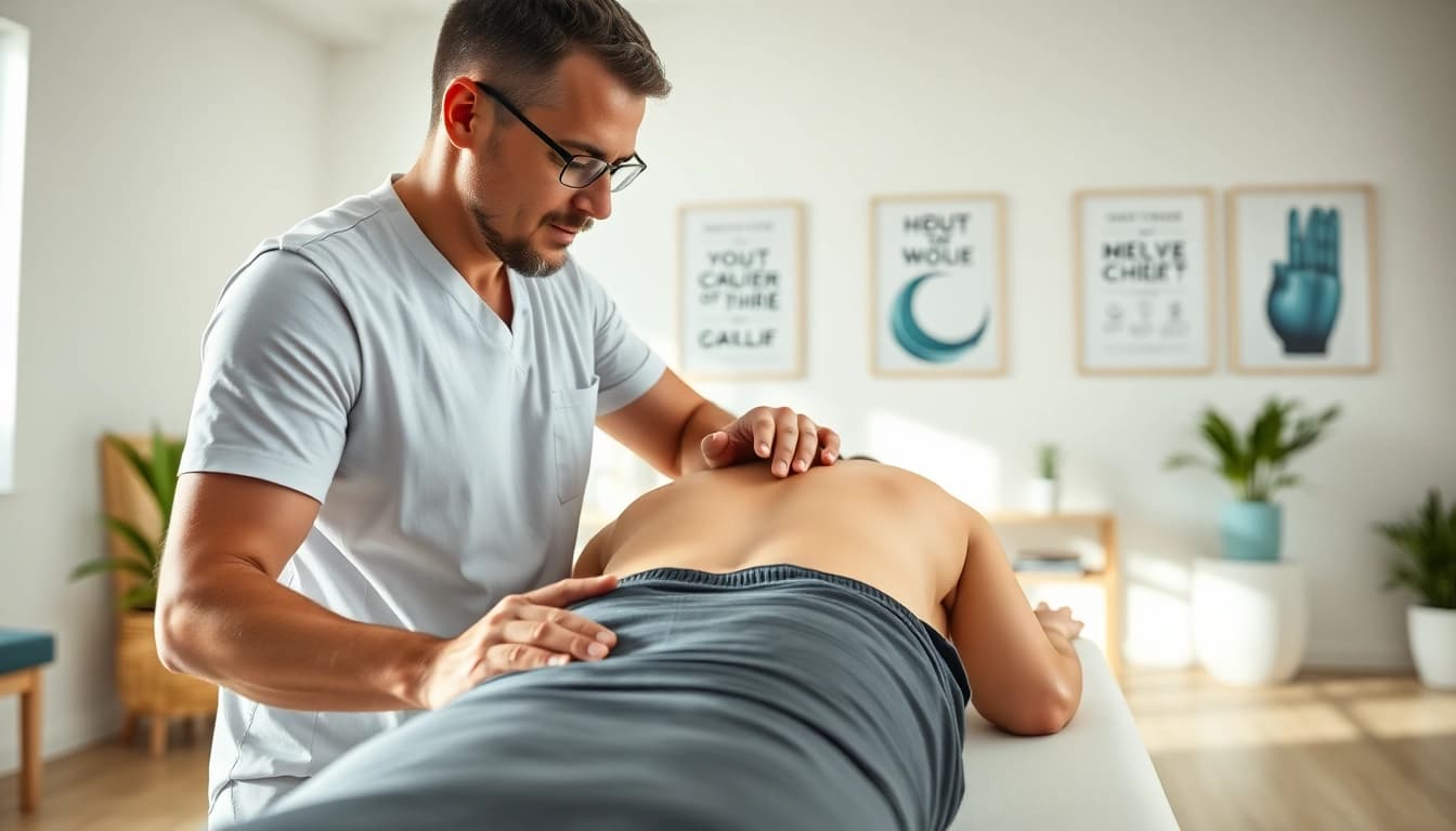 Hands-on back pain treatment session with a physiotherapist and patient in a bright clinic.