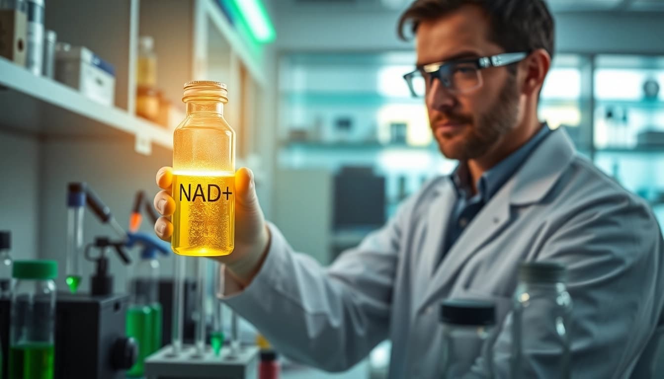 Explore the benefits of NAD+ highlighted by a prominent glowing vial in a modern lab.