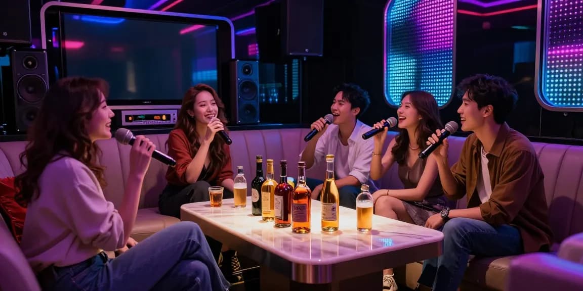 강남 가라오케에서 친구들과 함께 음료를 즐기며 노래를 부르는 화려한 공간