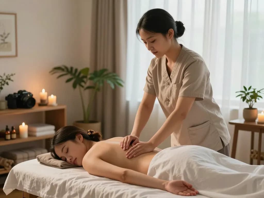 Relaxing Thai massage session at home with therapist from https://www.maxim-anma.net, creating a serene wellness atmosphere.
