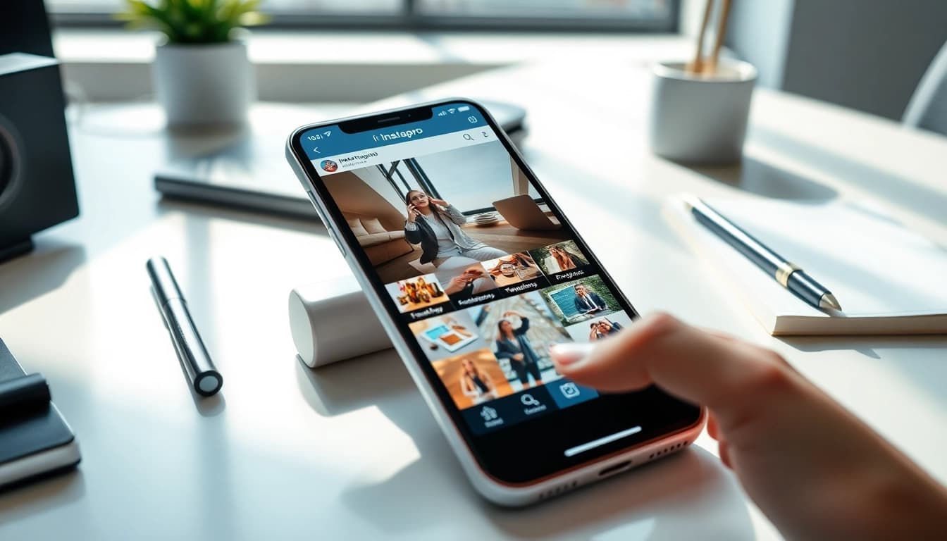 instapro app interface displayed on a modern smartphone in a stylish workspace.