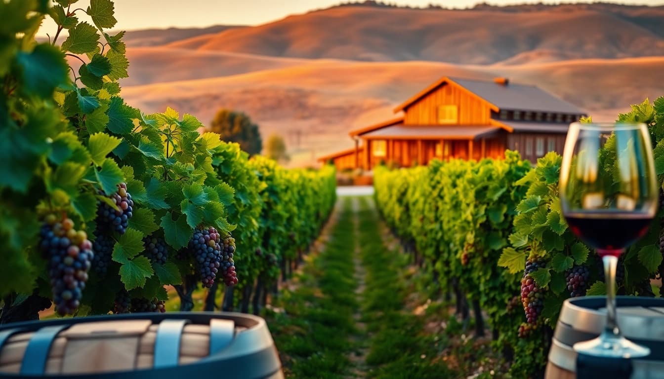Experience the beauty of Clarksburg wineries with lush vineyards and a charming rustic backdrop.