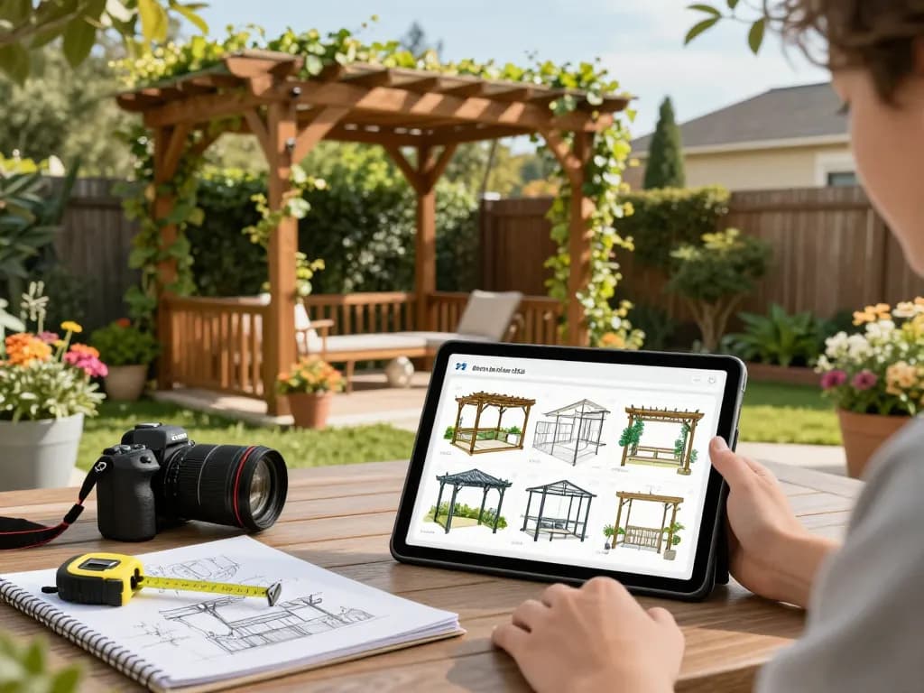 Using a pergola 3D planner to design a beautiful backyard with a wooden pergola and outdoor tools.
