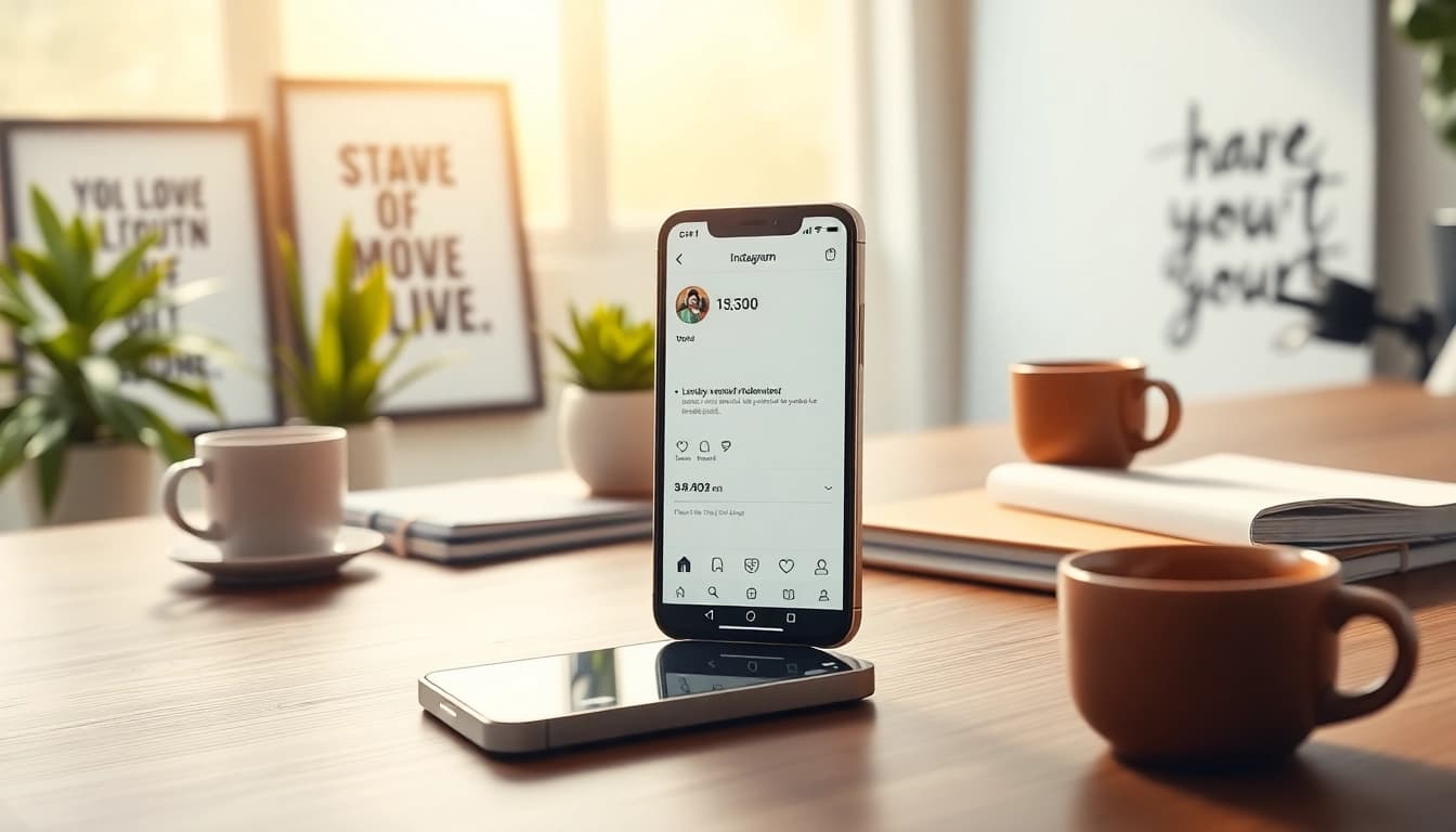 インスタ フォロワー購入 安いで急成長を遂げるスマートフォンの画面とデスクの風景。