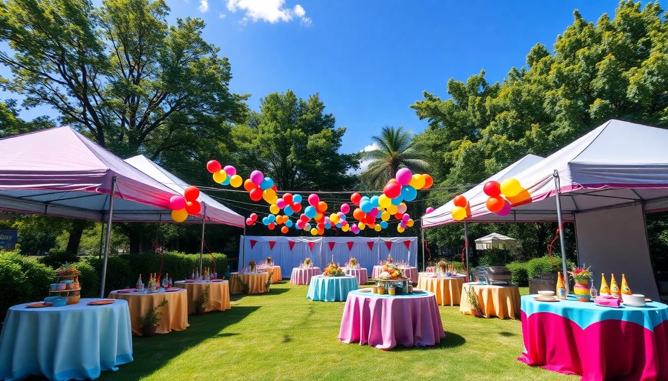 Set up for a joyous outdoor celebration showcasing Party Rentals Near Me with colorful decorations.