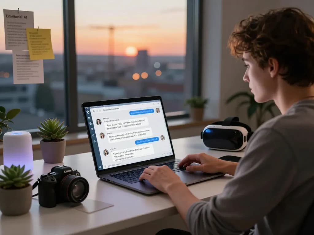 Engaging with sex AI technology on a laptop in a modern workspace with emotional interaction.