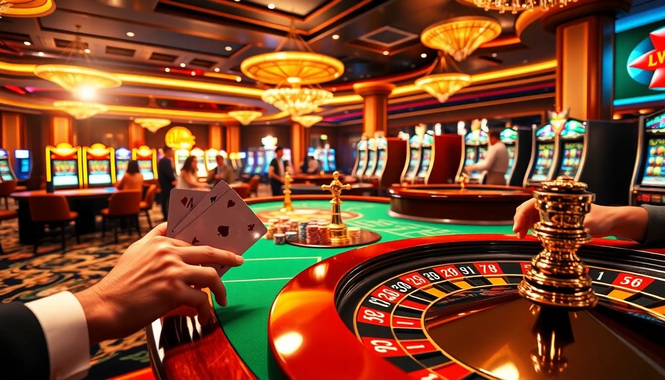 Players experience the excitement of sunwin at the vibrant casino tables with colorful chips and cards.