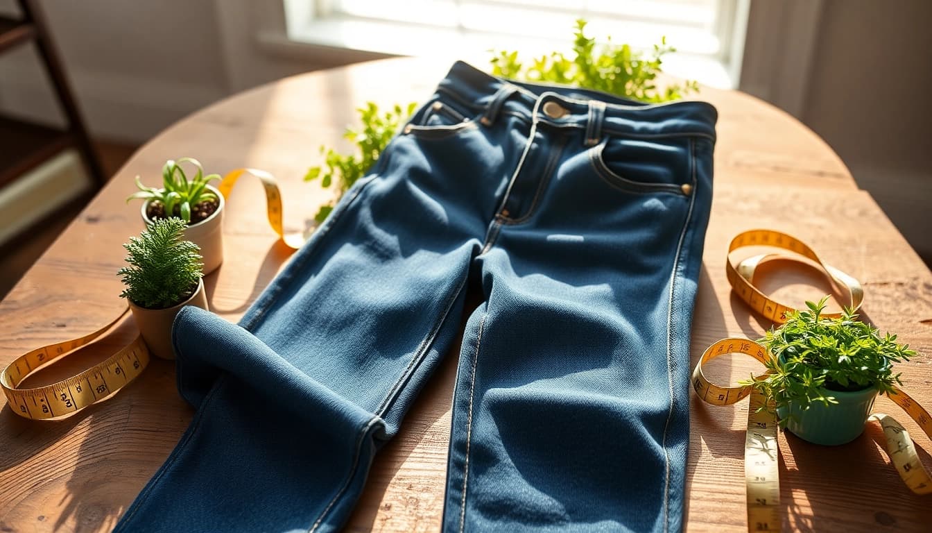 Showcase of sustainable jeans on a rustic table, highlighting eco-friendly fashion choices.