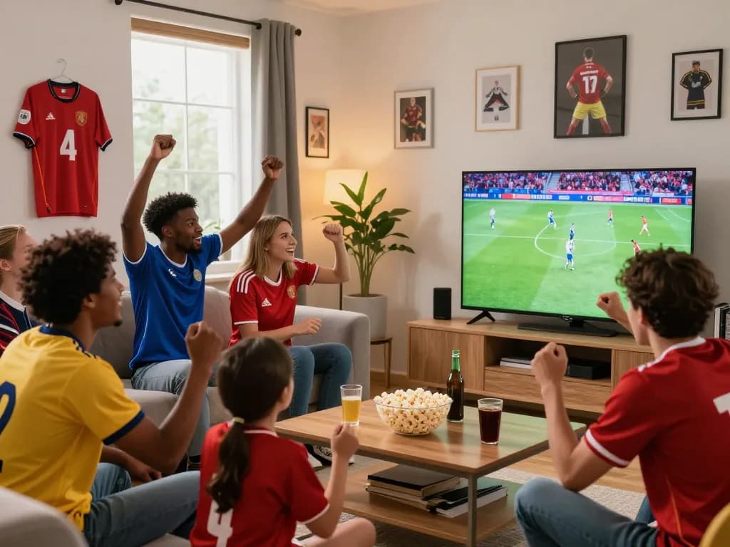 Cakhiatv fans enjoying a live football match in a cozy living room environment, showcasing team jerseys and celebratory atmosphere.
