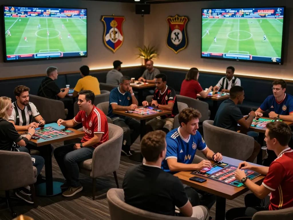 Cakhiatv patrons engaged in interactive football betting, vibrant lounge setting with multiple screens showing live matches.