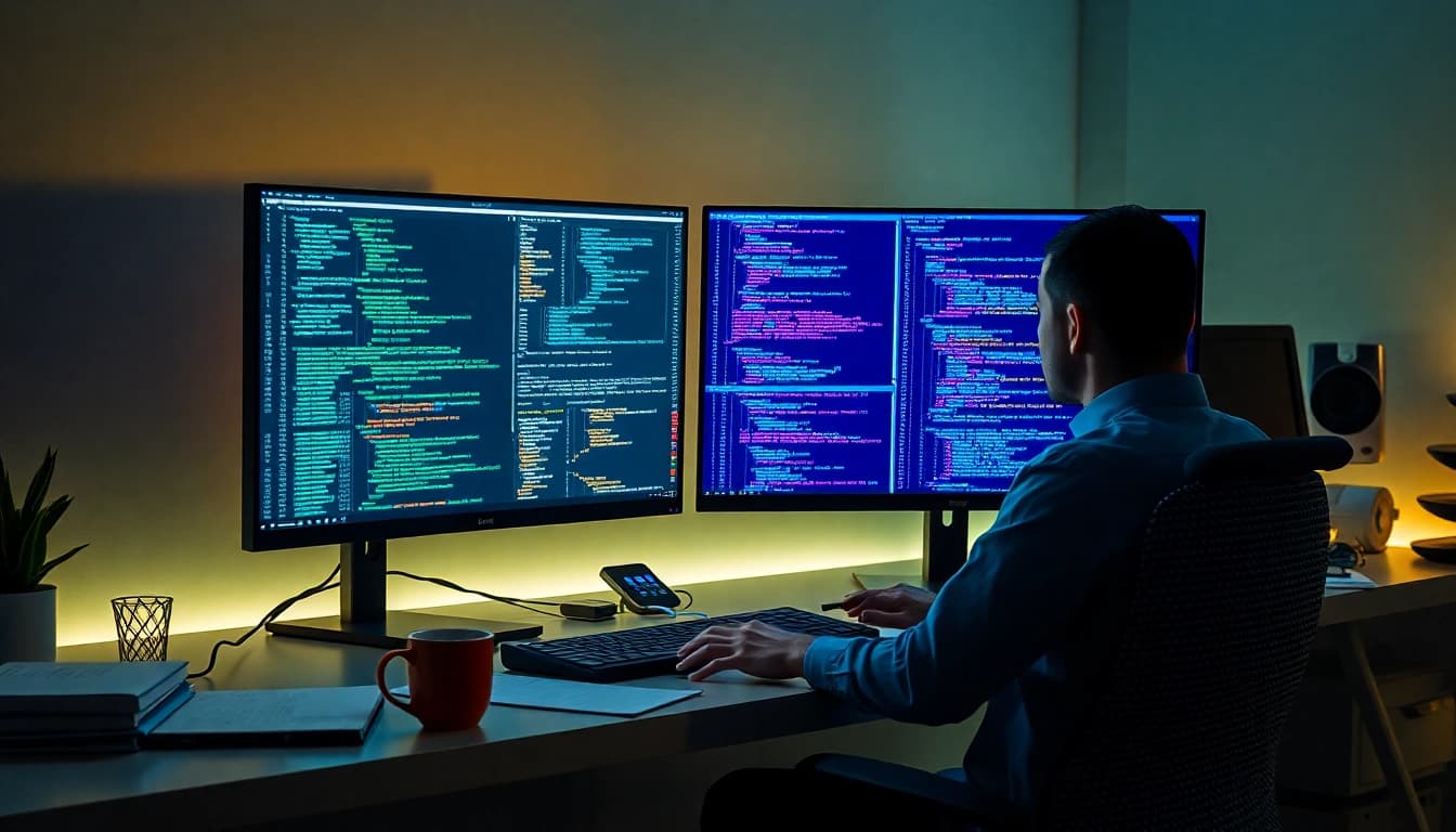 Software engineering workspace with a developer coding on dual monitors, showcasing innovative tech.