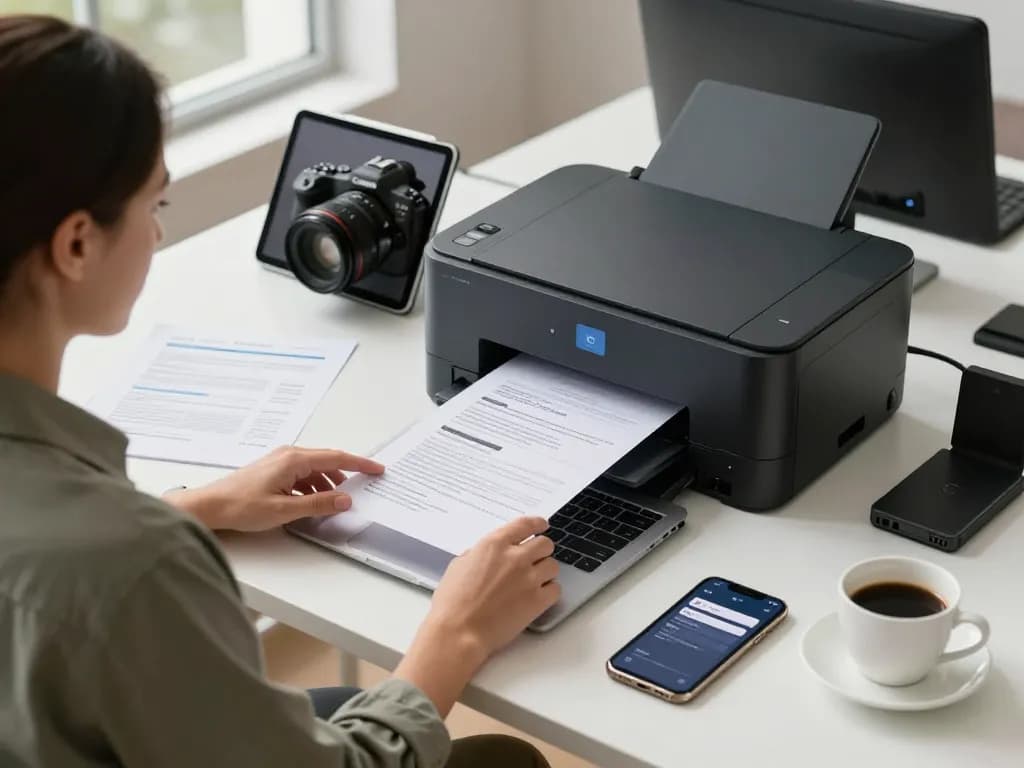 Smart printer setup with modern workspace showcasing productivity and user-friendly technology.