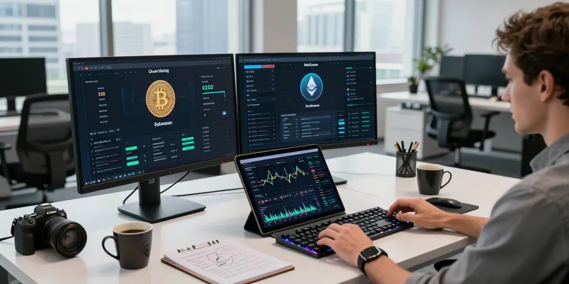 Cloud mining provider workspace with cryptocurrency trading dashboards and blockchain technology.