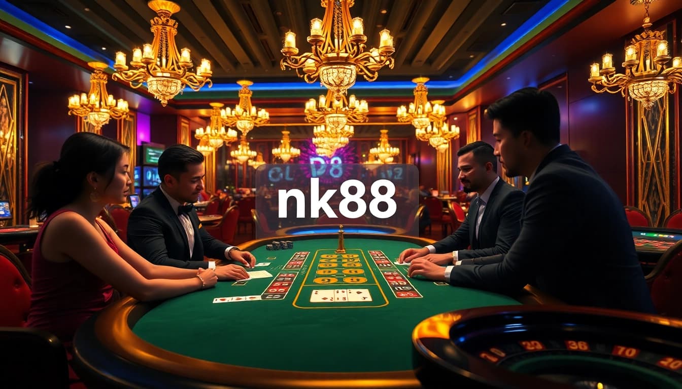 Gamblers strategizing at an upscale nk88 blackjack table, surrounded by excitement and luxury.