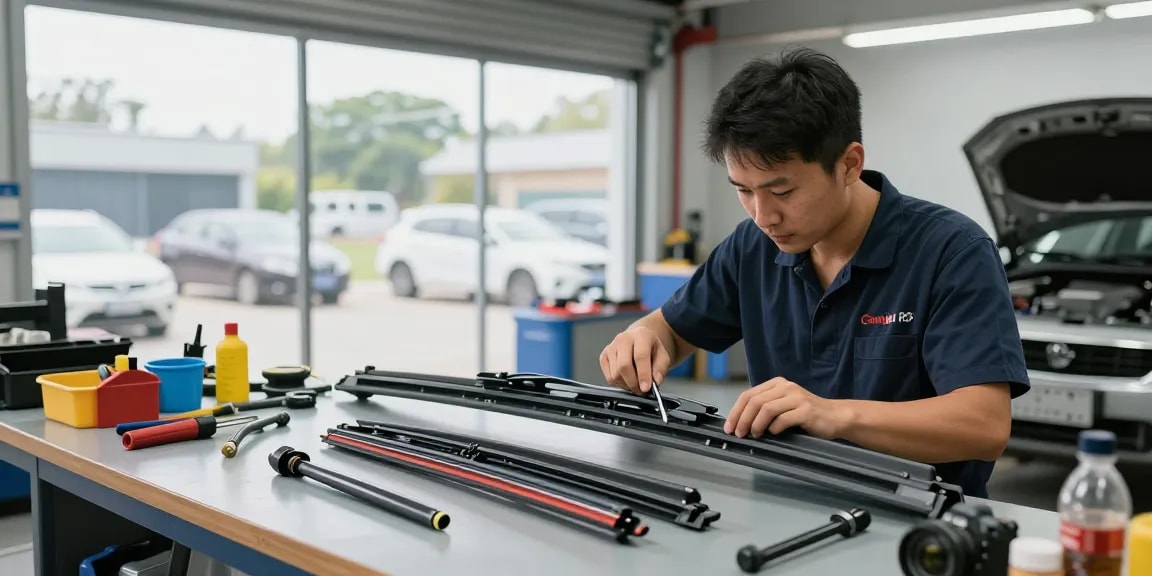 Technician inspecting a flat wiper blade, ensuring vehicle safety and performance.