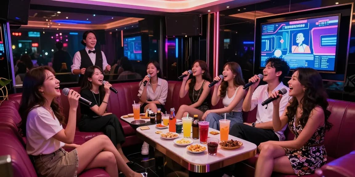 강남 가라오케에서 즐거운 저녁을 보내는 친구들, 화려한 조명이 어우러진 프라이빗 룸과 음료가 가득한 테이블.