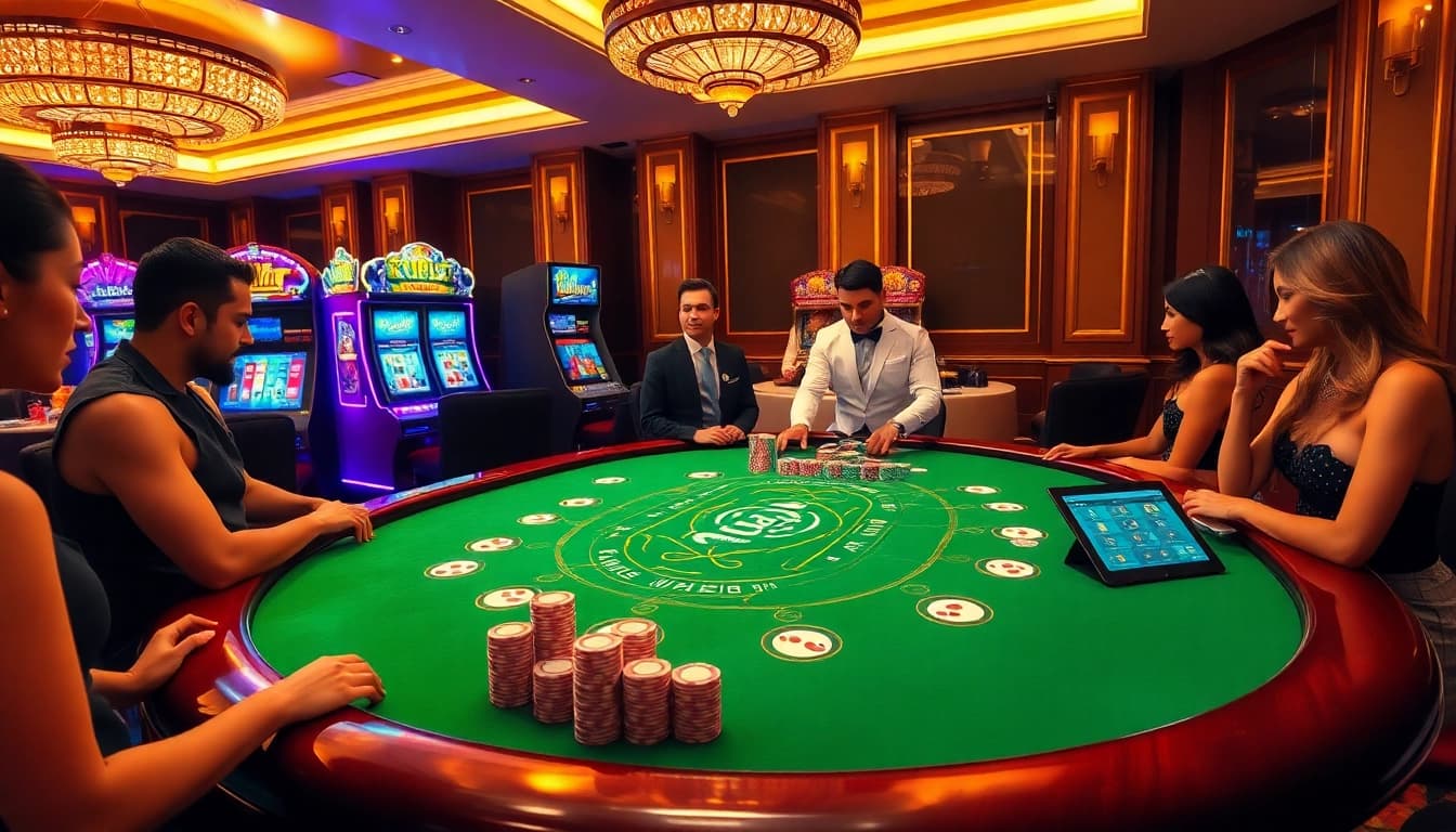 Kubet players enjoying a thrilling blackjack game at an upscale casino table, surrounded by colorful poker chips.