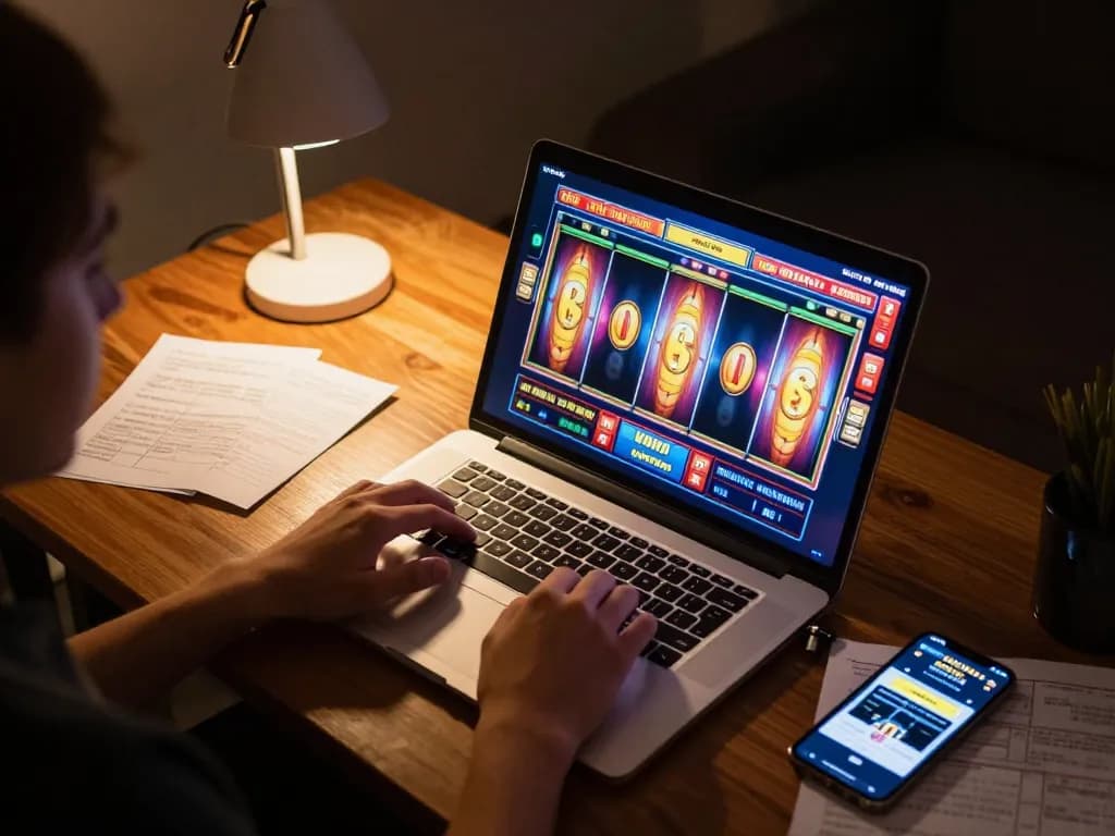 Engaging in online slots at thabet with vibrant screen and cozy home setup.