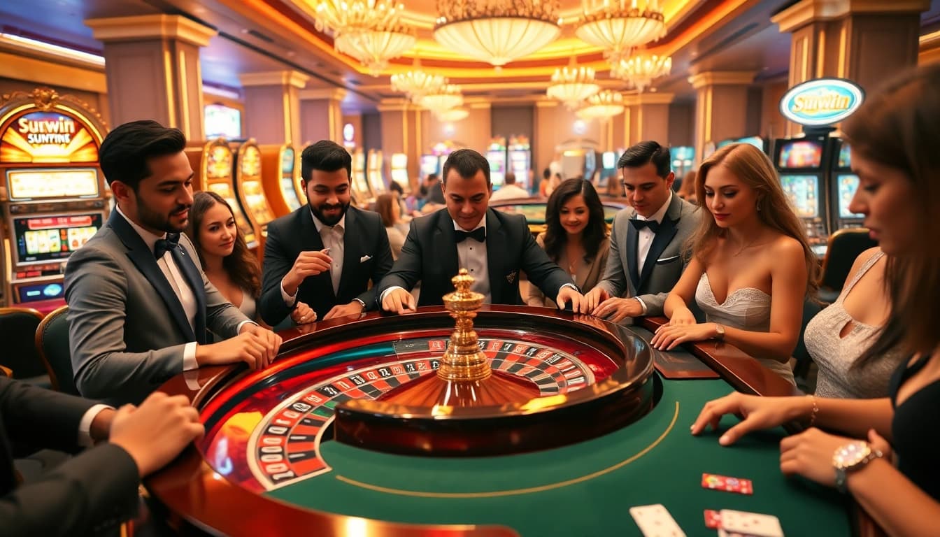 Players placing bets at the sunwin roulette table in an upscale casino atmosphere.