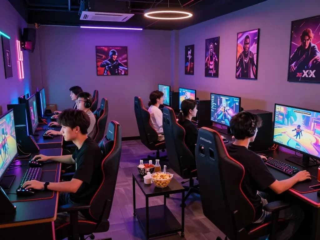 Gamers immersed in exciting xxx games in a vibrant gaming lounge.