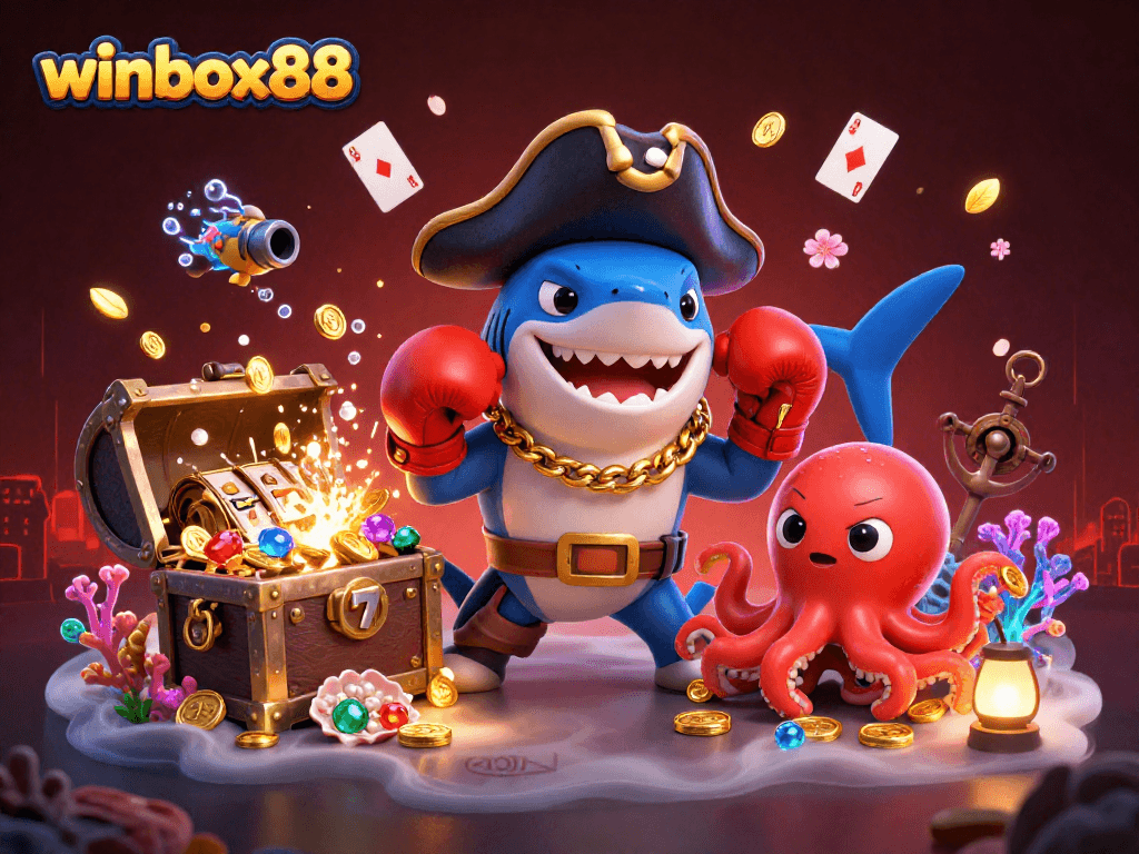 Experience thrilling winbox88 gameplay with a pirate shark and friends in a vibrant casino scene.