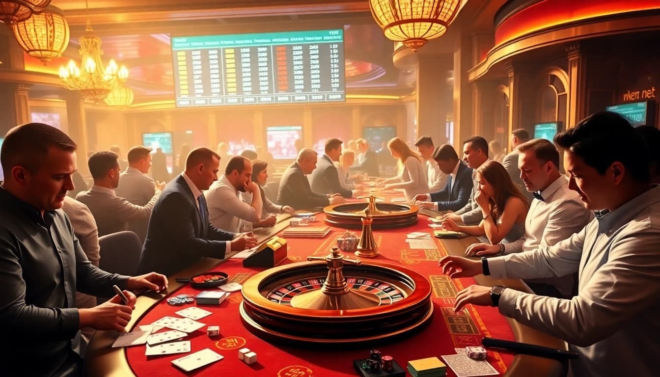 Gamblers enjoying an exciting betting experience at mk8th.net casino with vibrant tables and promotions.