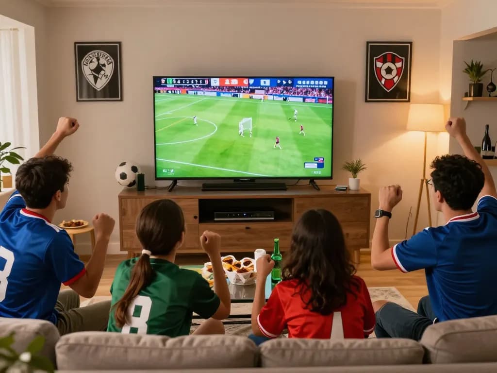 Exciting luongson football viewing experience with fans cheering in a cozy setting