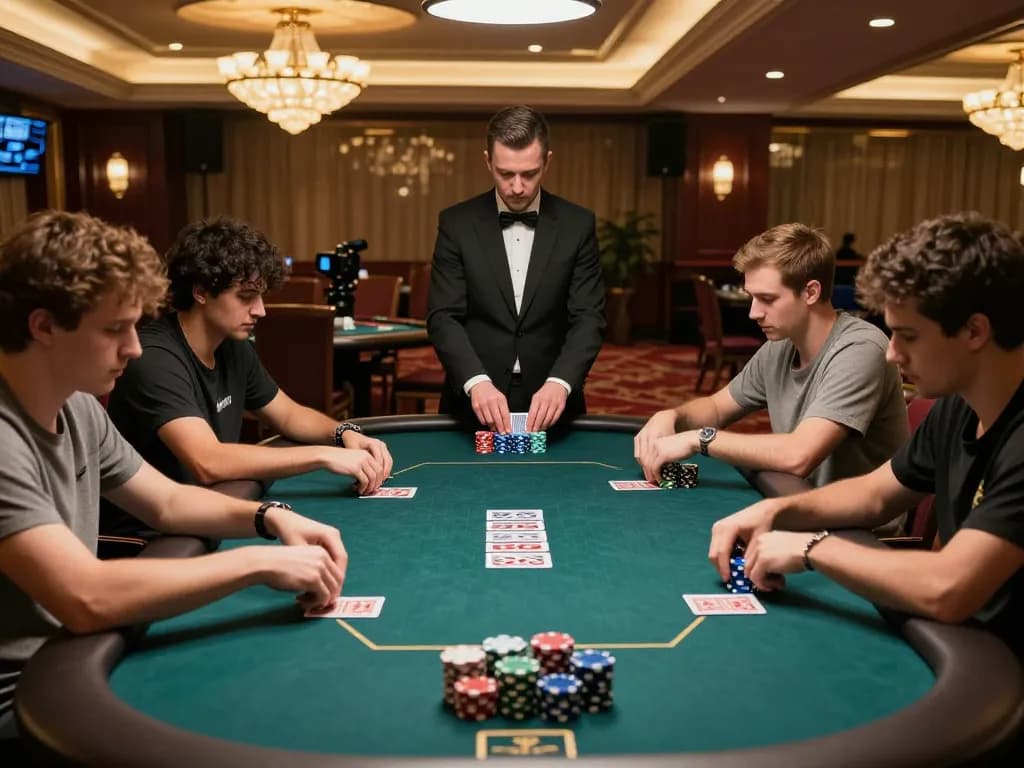 Nå nhà cái Bet88 Poker players engaged in intense gameplay with colorful chips and warm lighting.