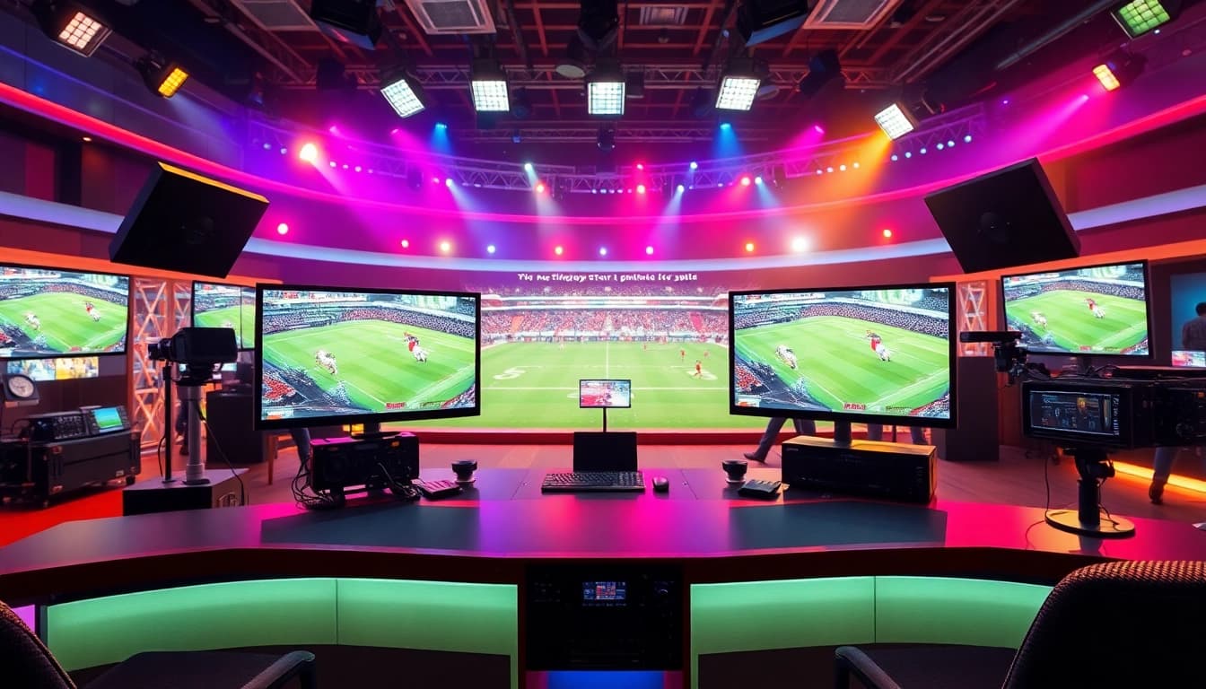 Engaging scene of Sports Broadcasting with anchors and live feeds in a professional setup.