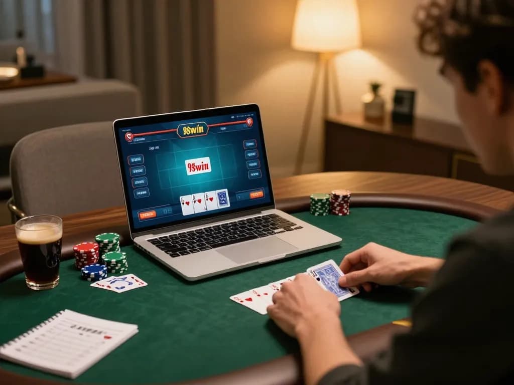 Engaging online poker game on 98win, focused player analyzing cards and strategy notes.