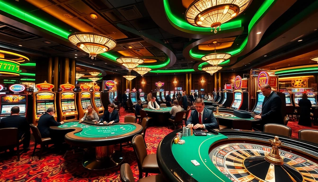 Action-packed casino scene showcasing seven77 themed slot machines and poker tables.