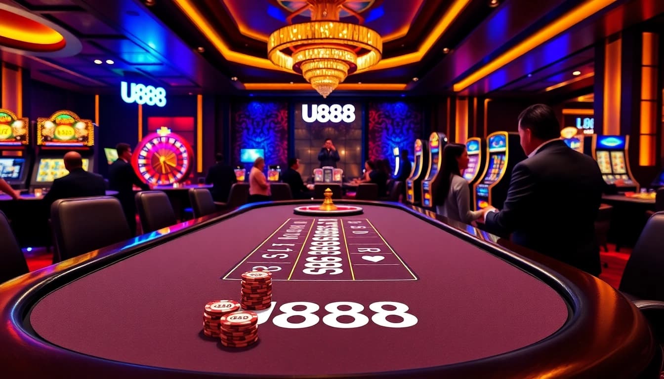 Experience thrilling games at U888 with stylish poker tables and vibrant slot machines.
