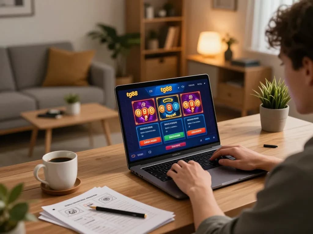 Player enjoying tg88 online casino gaming on a laptop in a cozy home setup