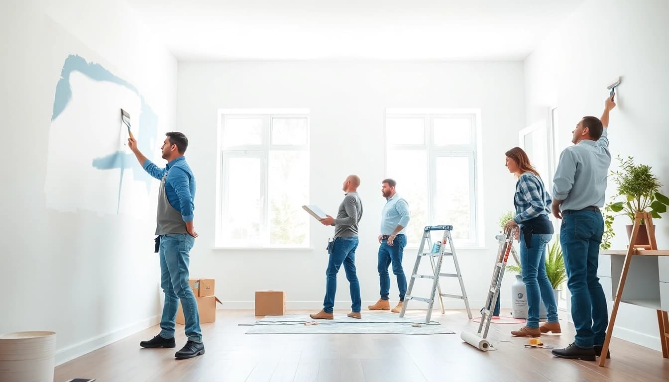 Painting Contractors applying fresh paint in a bright living room, showcasing professionalism and teamwork.