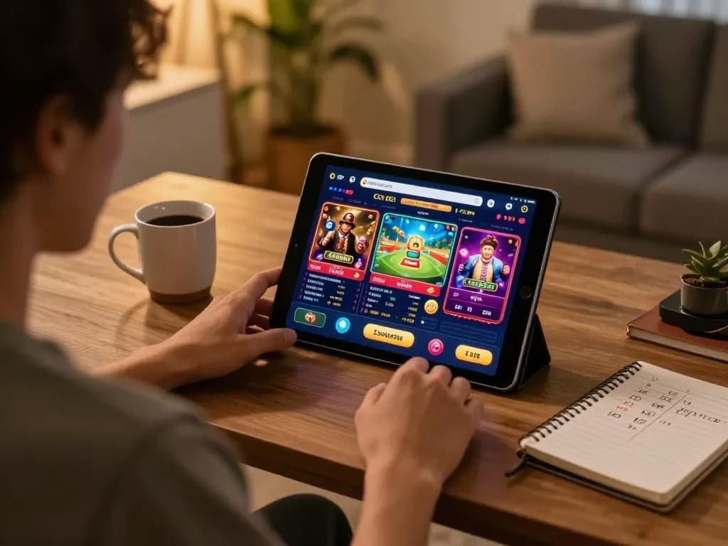 Engaging in online gaming with Đăng nhập cm88 on a tablet, showcasing a vibrant casino atmosphere.