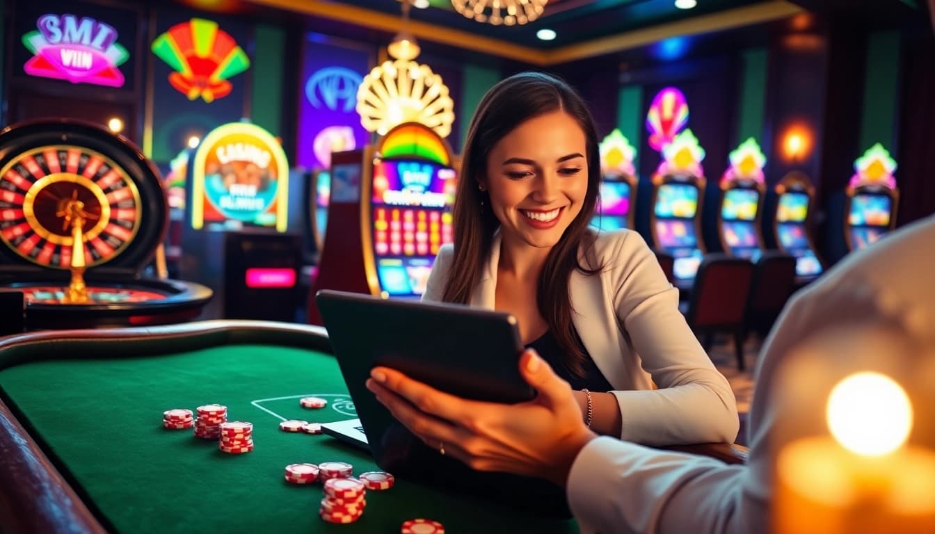 Interface de casino en ligne présentant une roue de roulette vibrante et des machines à sous colorées pour une expérience de jeu ultime.